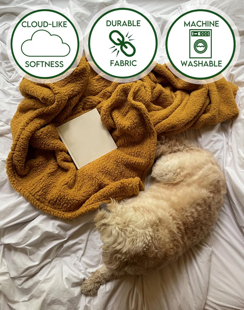 Brooklyn Loom Marshmallow Sherpa Mustard Full/Queen Blanket 100% Polyester Microfiber Plush, Solid Casual Themed, Adult Bedding, Oeko-TEX Certified - Image 2